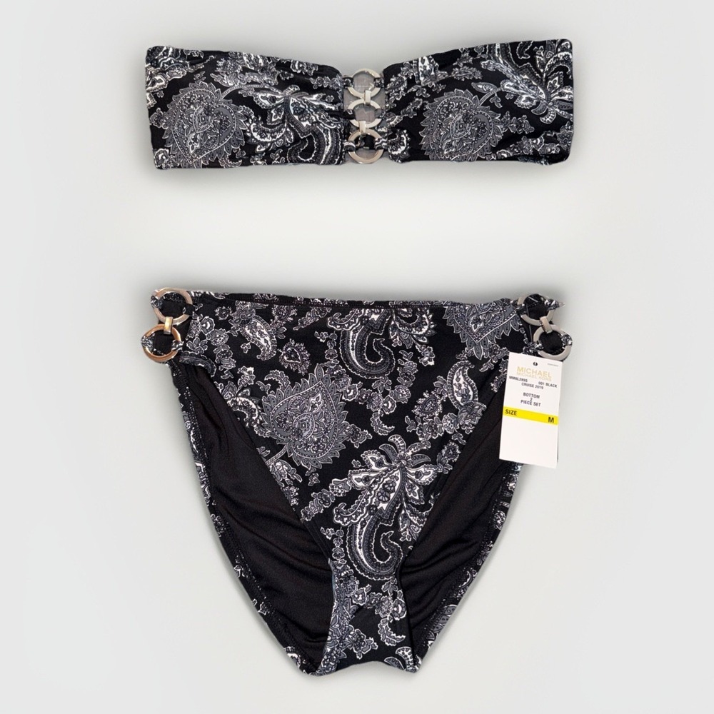 Michael Kors Women's Sweetheart Paisley Black Bandeau Bikini Top & Bottom Size M - Picture 2 of 7